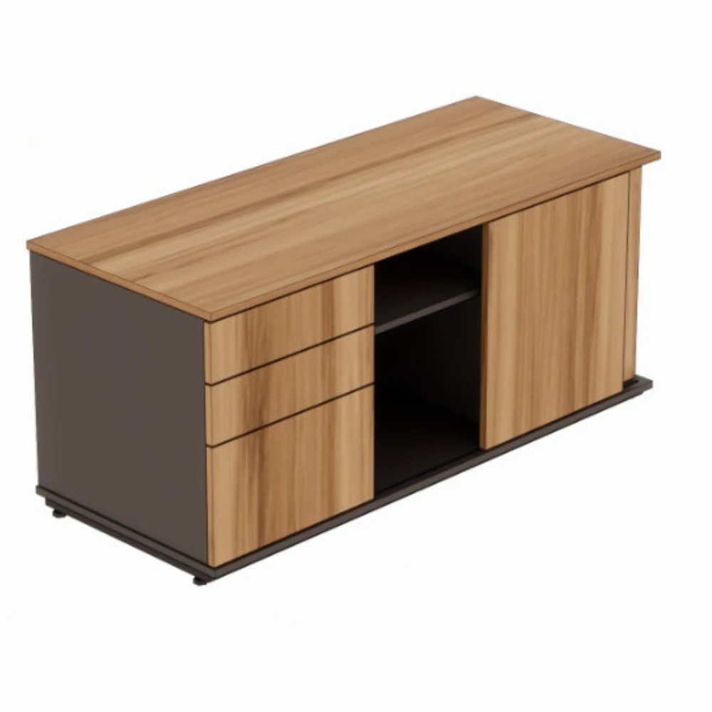 Armário credenza com 2 gavetas e 1 gavetão com nicho para CPU e porta de correr Level